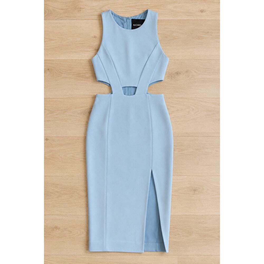 NICHOLAS Powder Blue Cutout Midi Dress Luxe Side Waist Event Cocktail Dress 4 - Picture 4 of 10